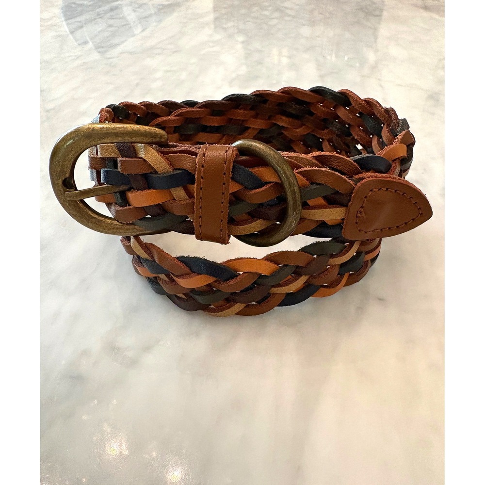 Genuine Leather Multi Tonal Braided Woven Belt Brown Navy Tan‎ Brass Buckle S/M